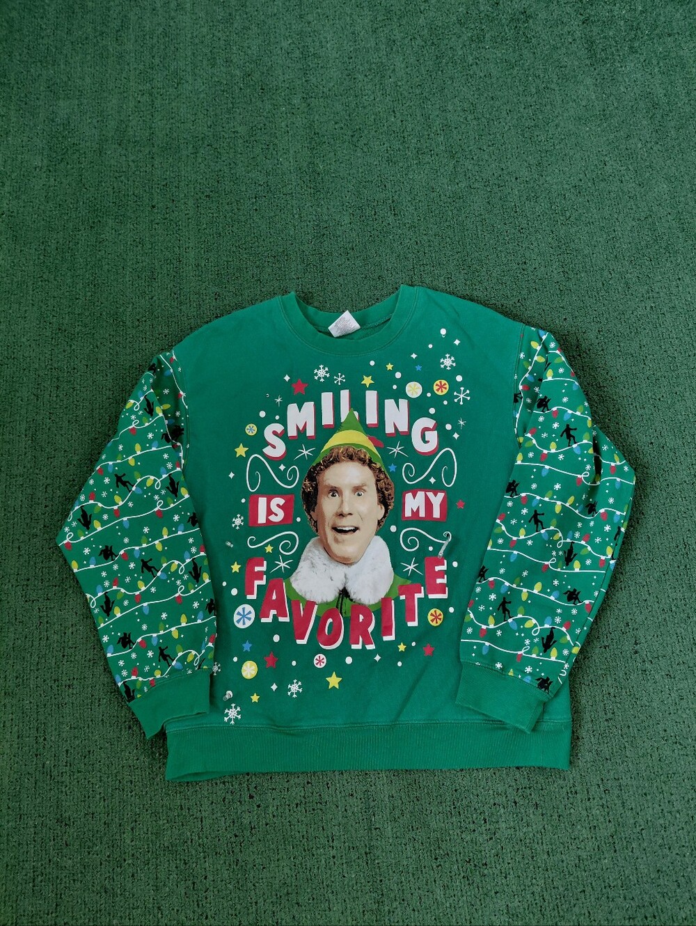 Womens Elf "Smiling Is My Favorite" Funny Movie Christmas Holiday Green Crewneck